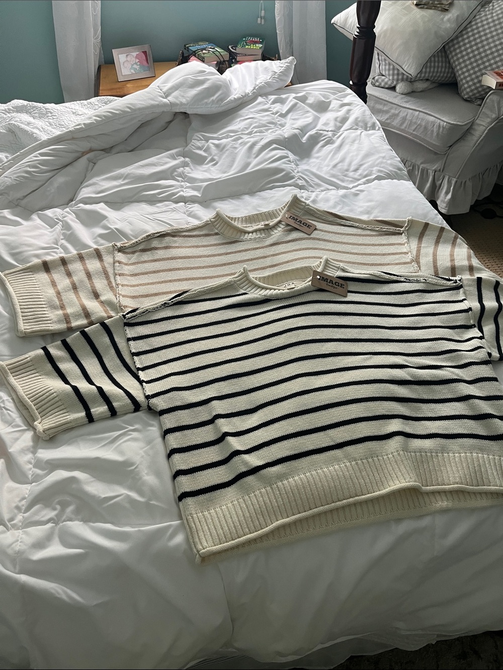 J.O.A. Striped Crewneck Sweater Bundle Cream with Black & Cream with Tan Stripes